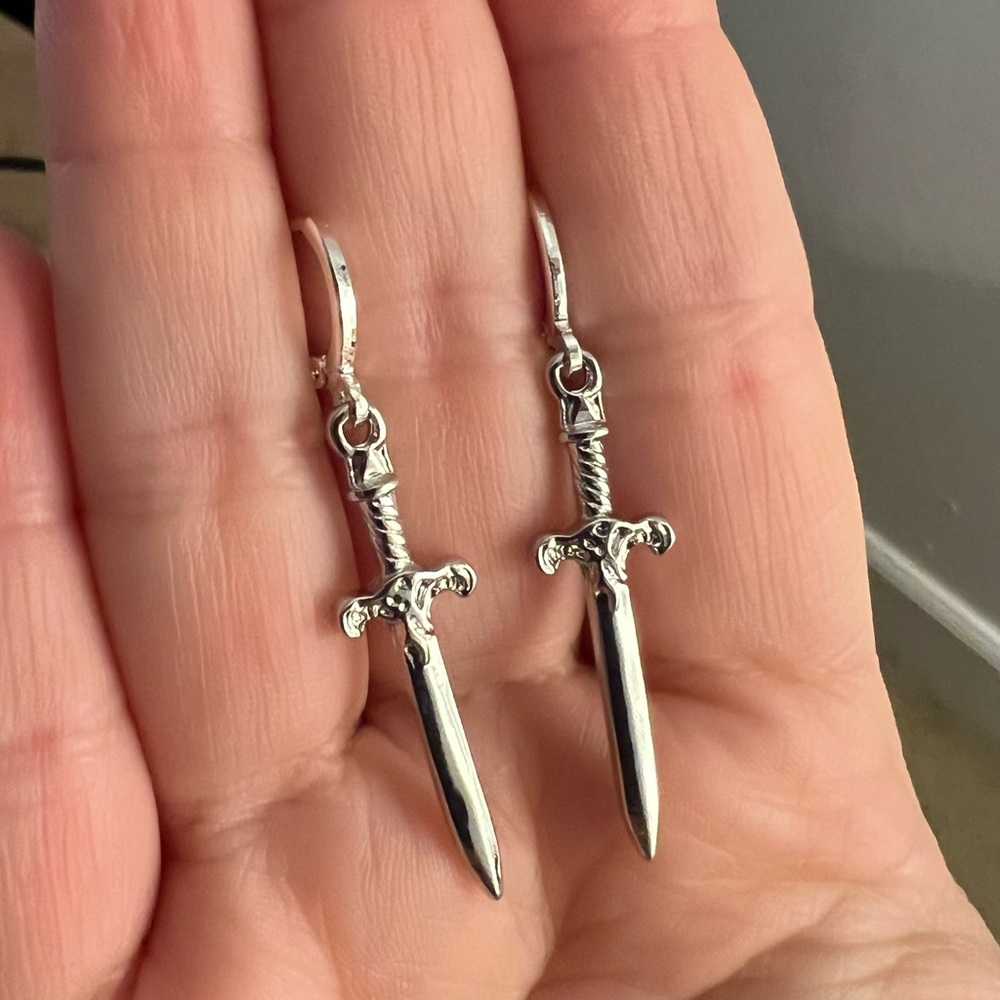 silver dagger huggie hoop earrings